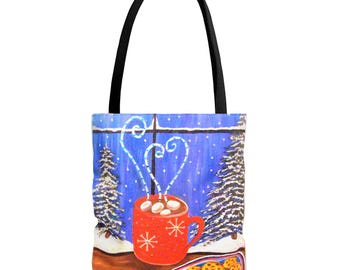 Kerstdraagtas met warme chocolademelk, feestelijk ontwerp