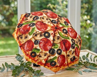 Parapluie pliable motif pizza | Parasol pluie fantaisie pepperoni, olives et champignons