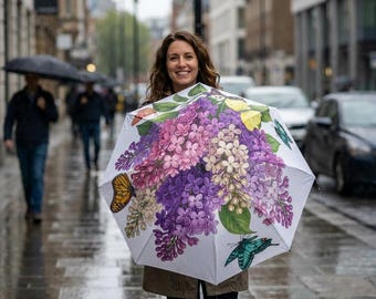 Floral Lilac & Butterflies Foldable Umbrella | Compact Semi-Automatic Rain Parasol | April Showers Bring Lilac Flowers