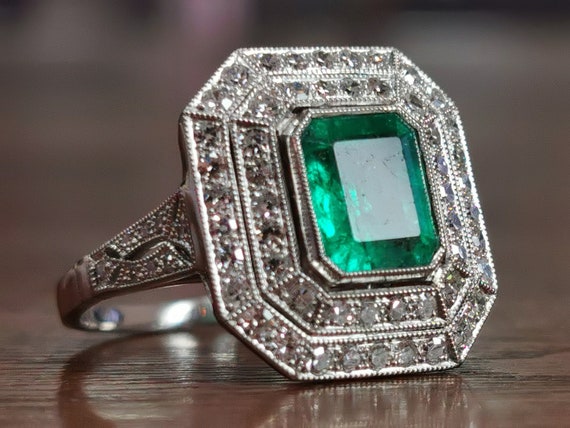 Art Deco Emerald Ring Engagement Ring Vintage Antique Estate Inspired Ring Diamond Emerald Filigree Ring Art Deco Emerald Ring Engagement Ring Vintage Antique Estate Inspired Ring Diamond Emerald Filigree Ring