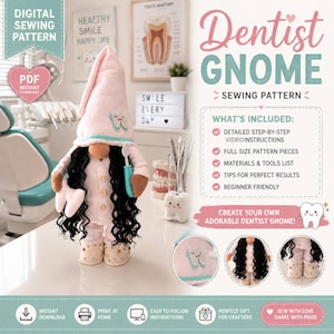 Può includere: Un cartamodello digitale per un gnomo dentista, raffigurante un pupazzo con un alto cappello rosa, lunghi capelli neri ricci e un completo rosa chiaro. Lo gnomo tiene in mano un dente bianco e uno specchietto dentale blu. Testo: DENTIST GNOME.