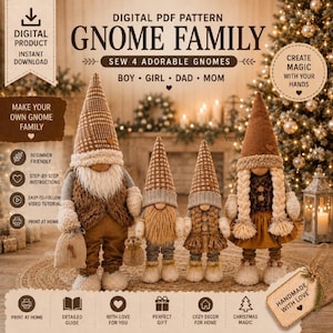 Può includere: Un modello PDF digitale per una famiglia di gnomi composta da quattro personaggi: un bambino, una bambina, un papà e una mamma. Gli gnomi hanno alti cappelli a punta con motivi marroni e bianchi, barbe lunghe o trecce e abiti testurizzati.