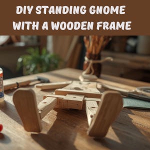 Puede incluir: Un proyecto de bricolaje en curso, con un gnomo de madera y su marco de madera. El gnomo es de madera clara y está parcialmente ensamblado sobre una mesa de madera. El texto "DIY STANDING GNOME WITH A WOODEN FRAME" está en la parte superior.