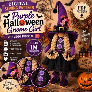 Può includere: Un cartamodello digitale per una bambola gnomo di Halloween viola, con un alto cappello viola decorato con fiori, trecce bionde, un vestito nero con accenti floreali viola e una gonna in tulle nero. Il modello include un video tutorial, istruzioni passo dopo passo ed è stampabile a casa. La bambola finita è alta 1m.