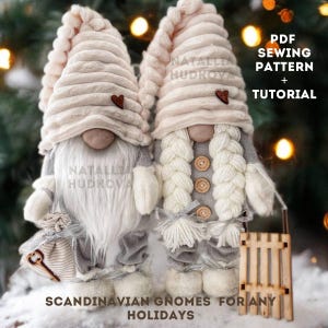 May include: A PDF sewing pattern and tutorial for making Scandinavian gnomes. The pattern includes two gnomes, one with a pink hat and the other with a white hat. Both gnomes are wearing grey trousers and have white beards. The gnomes are standing on a snowy surface with a wooden sledge in the background.