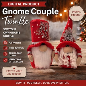 Puede incluir: Un producto digital para un patrón de costura Gnome Couple Twinkle. La imagen muestra dos gnomos de tela roja con barbas blancas, uno con un sombrero alto con ramas plateadas y perlas, el otro con un gorro puntiagudo con un adorno de copo de nieve.