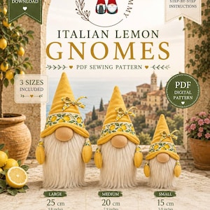 Può includere: Un cartamodello digitale in PDF per tre gnomi italiani ai limoni in taglia grande, media e piccola. Il modello include istruzioni passo dopo passo per gnomi di 25 cm, 20 cm e 15 cm con cappelli gialli e una fascia a fantasia di limoni.