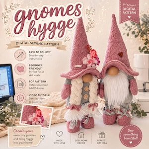 Può includere: Due gnomi fatti a mano con cappelli rosa e abiti grigi. Uno gnomo ha i capelli intrecciati e l'altro ha una barba bianca. L'immagine include anche il testo "gnomes hygge" e "digital sewing pattern".