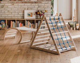 Affenling Set – dreiseitiges Kletterdreieck (87cm Höhe) mit Rutsche & Wippe | Pikler Dreieck, handgemacht, Holz ohne Öl und Lack, Natur pur