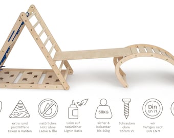 Affenling Set – dreiseitiges Kletterdreieck (87cm) inklusive extra Rutsche & zusätzliche Wippe | nach Emmi Pikler / Hengstenberg