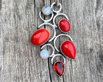 Rainbow Moonstone Red Coral Necklace Multi Stone Statement Necklace
