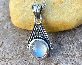 Egyptian Rainbow Moonstone Pendant Necklace In Sterling Silver