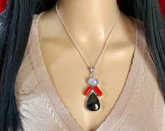 Rainbow Moonstone Red Coral Necklace Multi Stone Statement Necklace