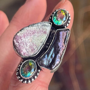 Raw, Ruby Zoisite, Mystic Topaz, Pearl, Ring, In Oxidized Silver, Size 6
