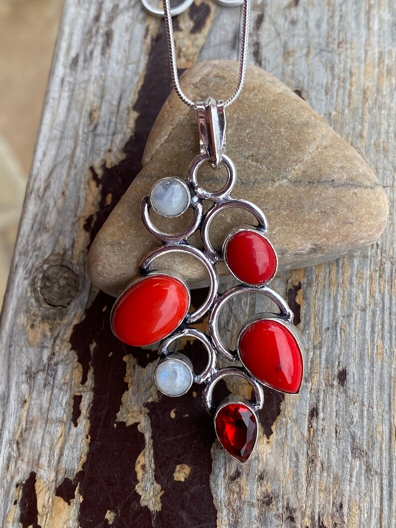 Rainbow Moonstone Red Coral Necklace Multi Stone Statement Necklace