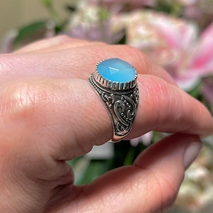 Aqua, Niebieski, Chalcedon, Pierścień, Utlenione, Srebro Sterling, Rozmiar 20
