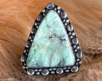 Chrysoprase Ring, Rough, Chrysoprase Ring In Oxidized Silver, Size 9