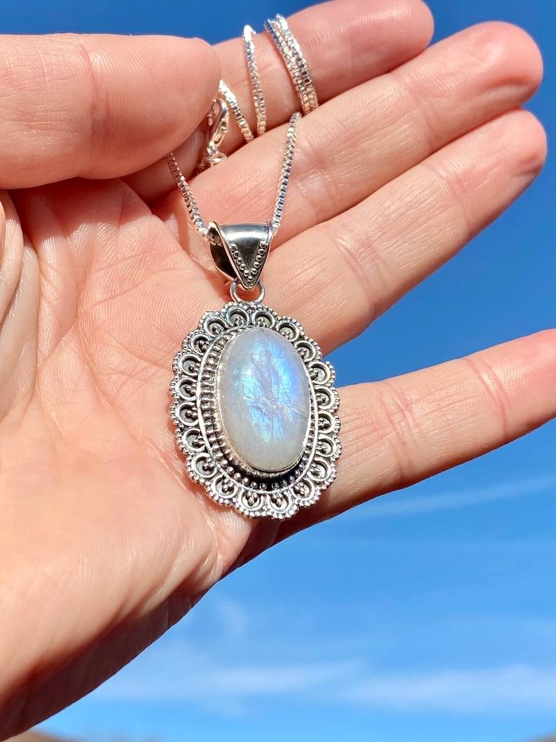Victorian Rainbow Moonstone Pendant In Sterling Silver