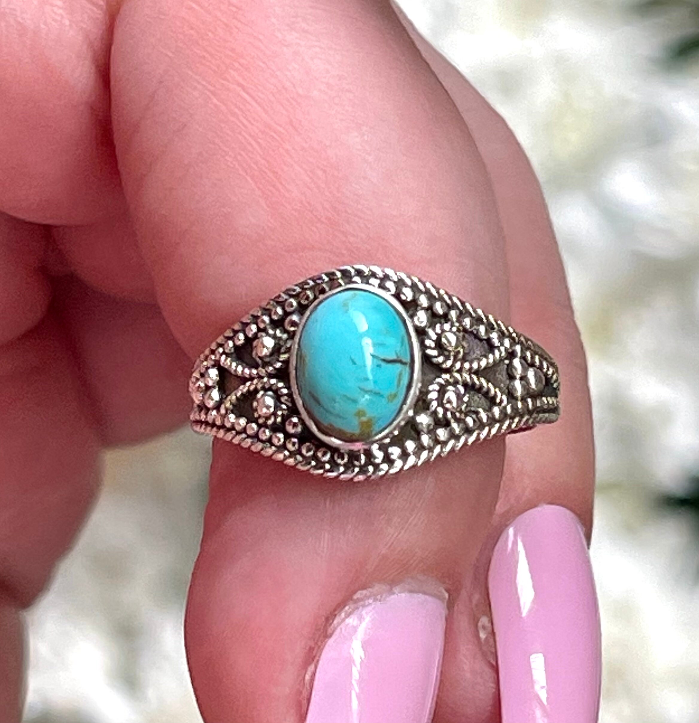 Bague Vintage En Argent Massif Avec Turquoise - Taille 46, Occasion