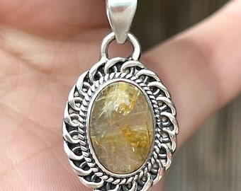 Golden, Rutile, Quartz, Pendant, Necklace, In Oxidized, Sterling Silver