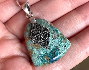 Chrysocolla, Azurite, Pendant, Necklace, In Oxidized,Sterling Silver