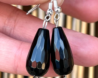 Black, Onyx, Drop, Earrings, In Sterling Silver, Natural Black Onyx Earrings