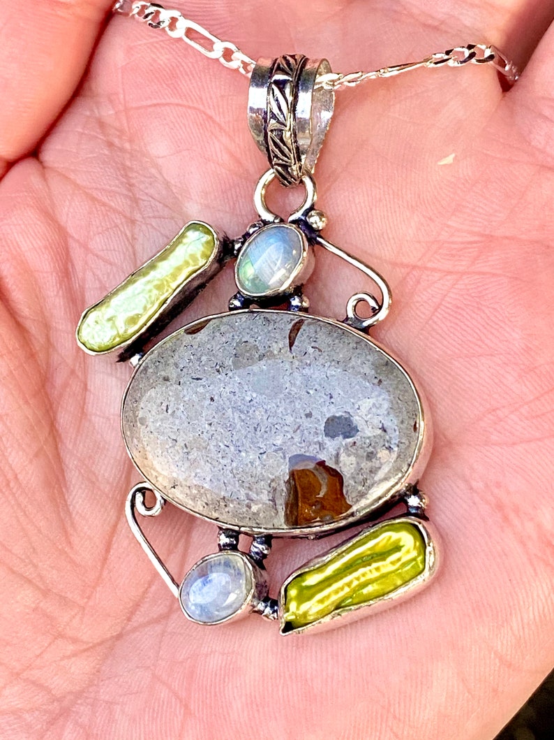Genuine Jasper+Biwa Pearls+Rainbow Moonstone Big Pendant Necklace Weird+Big+Beautiful