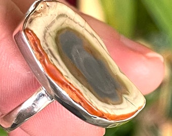 Könnte beinhalten: Ein silberner Ring mit einem großen, ovalen Stein. Der Stein ist hellbraun mit dunkleren braunen und grauen Wirbeln. Der Ring ist in eine silberne Fassung gefasst.