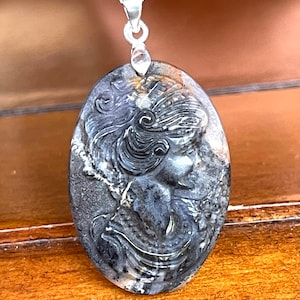 Natural, Arborized, Opal Pendant Necklace In Sterling Silver, Cameo Opal Pendant Necklace