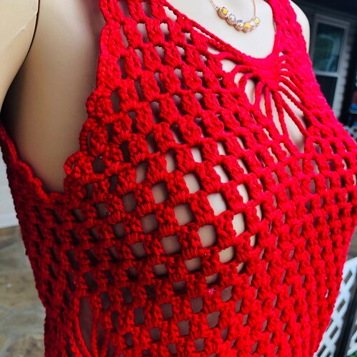 Handmade, Crochet, Scarlet Red Top, shops Knit Red Blouse