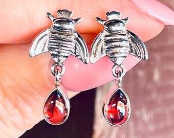 Garnet, Bee, Earrings, In Sterling Silver