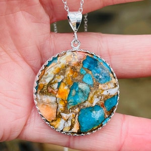 Spiny Oyster, Turquoise, Pendant Necklace In Sterling Silver