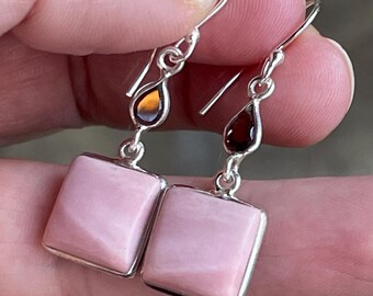 Pink, Opal, Garnet, Earrings, In Sterling Silver