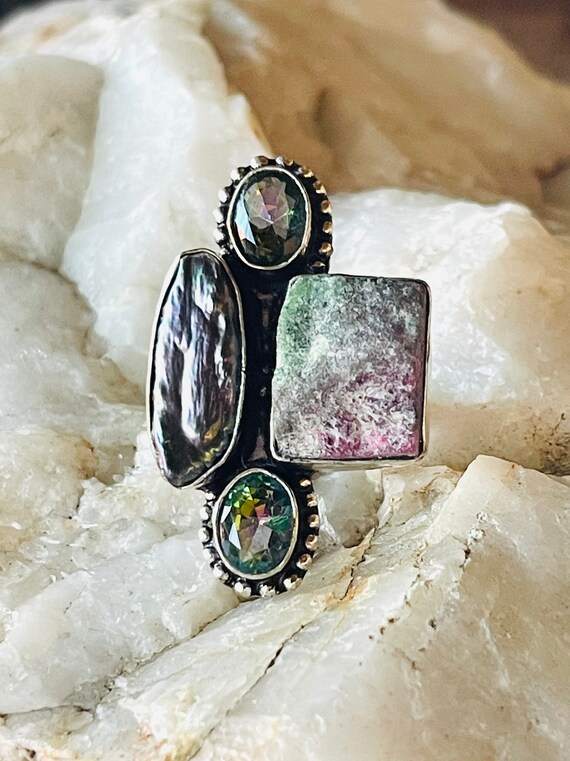 Raw, Ruby Zoisite, Mystic Topaz, Pearl, Ring, in Oxidized