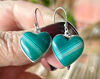 Green, Botswana, Agate, Heart, Earrings, In Sterling Silver