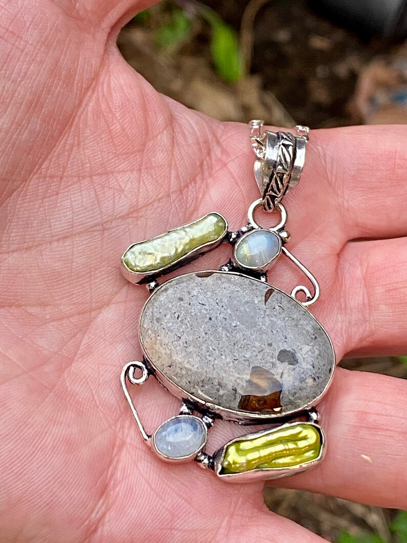 Genuine Jasper+Biwa Pearls+Rainbow Moonstone Big Pendant Necklace Weird+Big+Beautiful