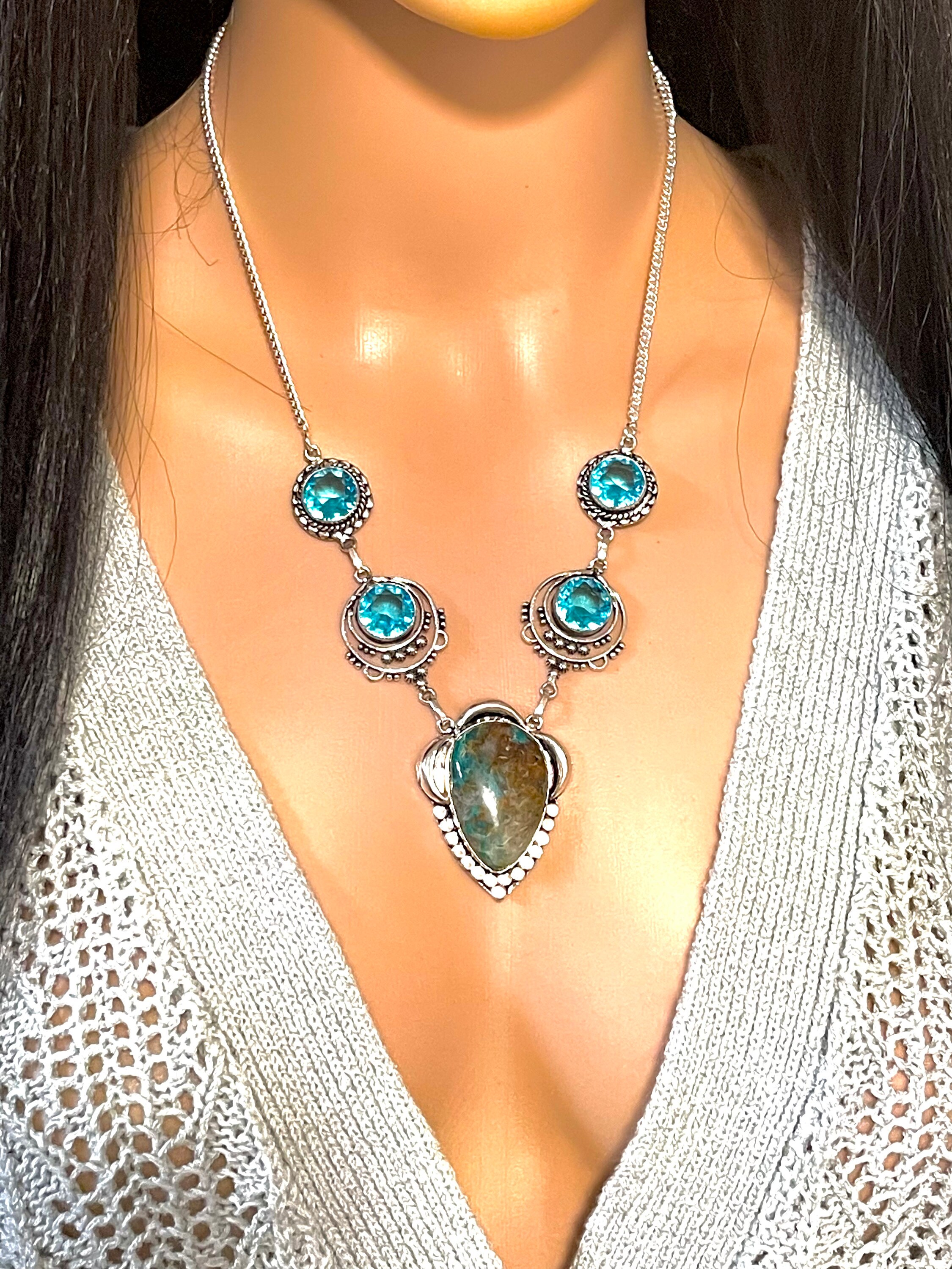 アズライト、スイスブルートパーズ、ステートメント、酸化銀ネックレス