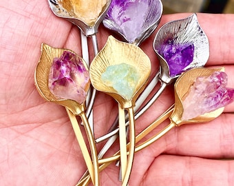 Natural Crystal Hairpins, Hair Wedding Accessories, Natural Stones Lily Hairpins