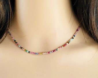 Dainty Natural Multi-Color Tourmaline Bead Choker Necklace, Ruby Choker, Ametrine Choker
