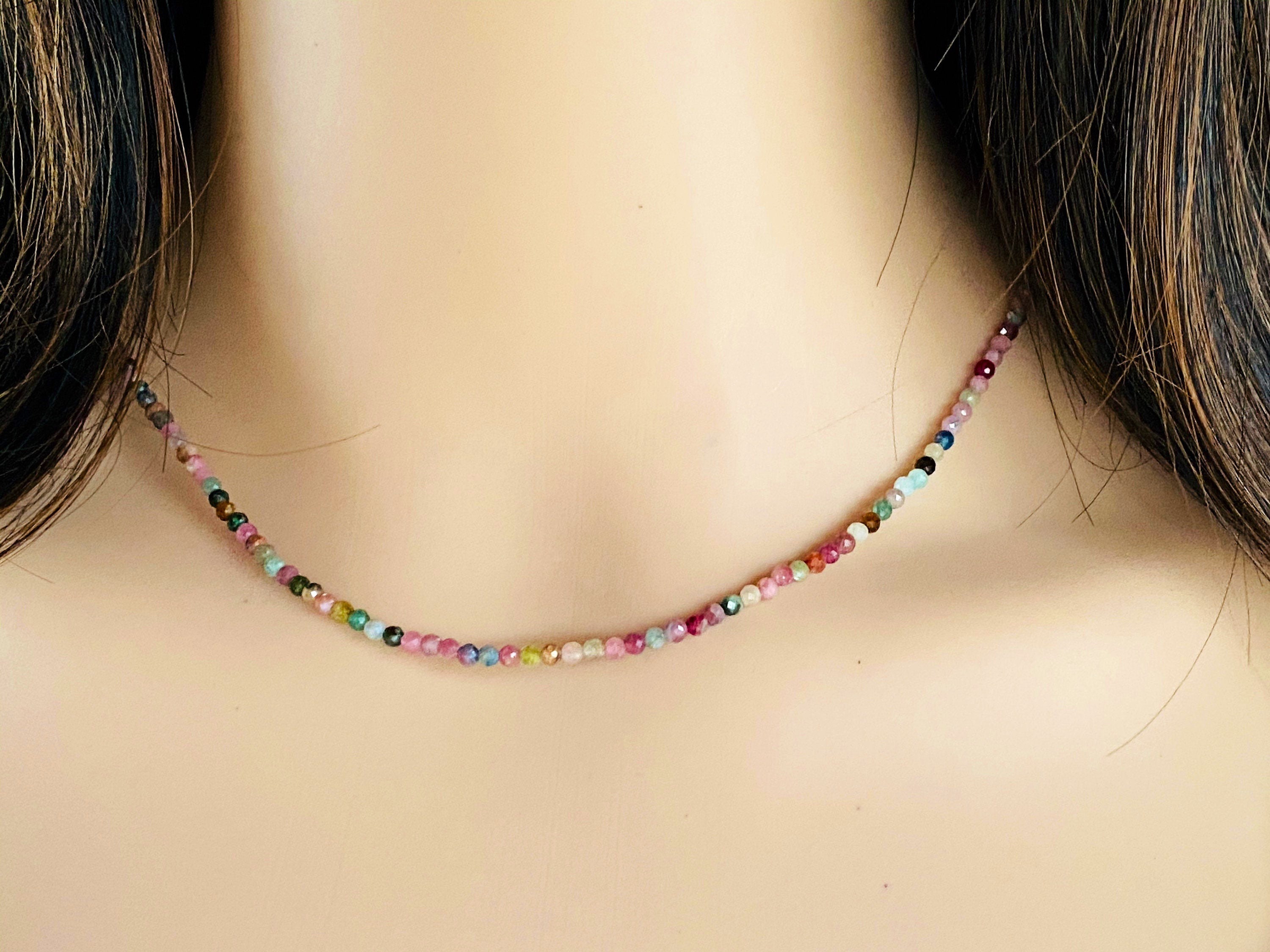 Dainty Natural Multi-color Tourmaline Bead Choker Necklace, Ruby