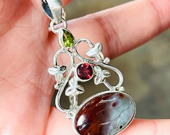 Aqua, Chrysoprase, Peridot, Garnet, Pendant, Necklace, In Sterling Silver