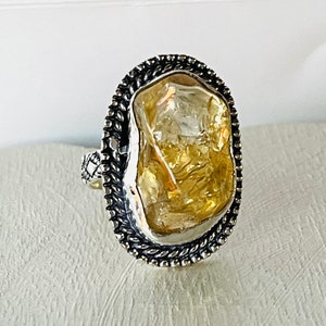 Raw, Citrine Ring In Oxidized Silver, Size 7.75, Rough Citrine Statement Ring
