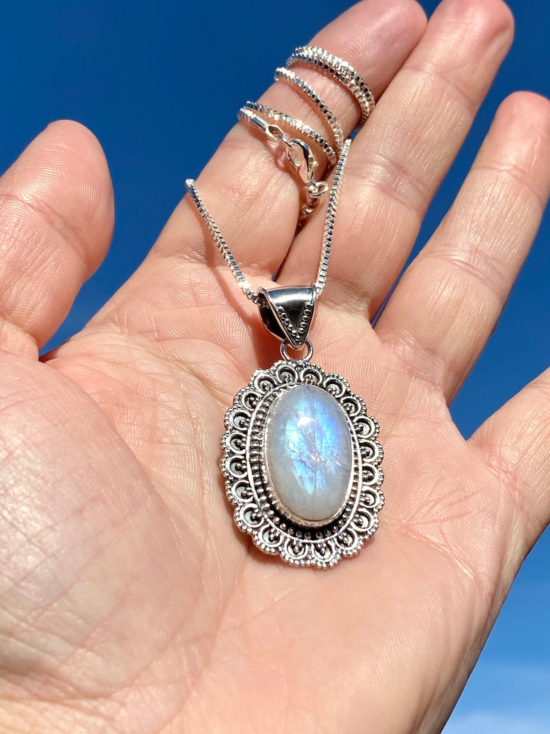 Victorian Rainbow Moonstone Pendant In Sterling Silver