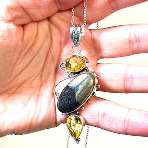 Pyrite, Citrine, Pendant, Necklace, In Oxidized Silver, Multi Stone Necklace