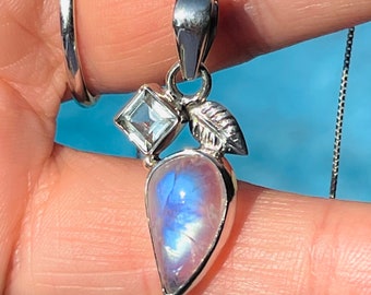 Blue, Topaz, Moonstone, Pendant, Necklace, In Sterling Silver
