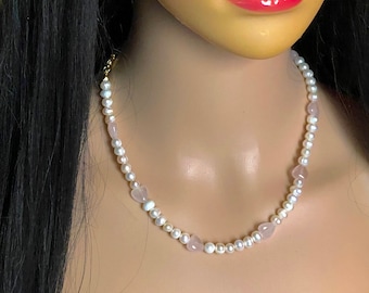 Pearls, Rose Quartz, Necklace, Rose Quartz Pearls Choker