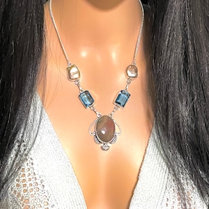 Bloodstone, Pearls, London Blue Topaz, Statement Necklace In Oxidized Silver
