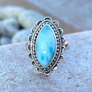 Blue, Larimar, Marquise, Ring, In Sterling Silver, Size 8