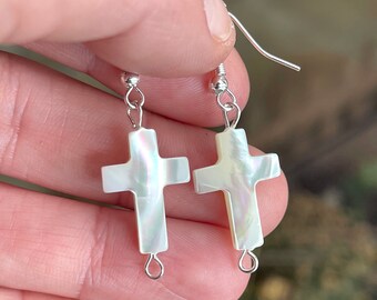 Mother Of Pearl Earrings, Cross Earrings, Drop, Earrings In Sterling Silver