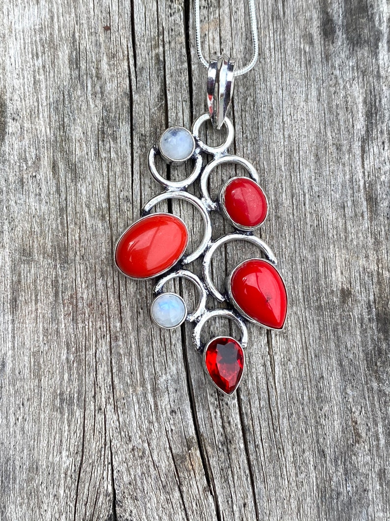 Rainbow Moonstone Red Coral Necklace Multi Stone Statement Necklace